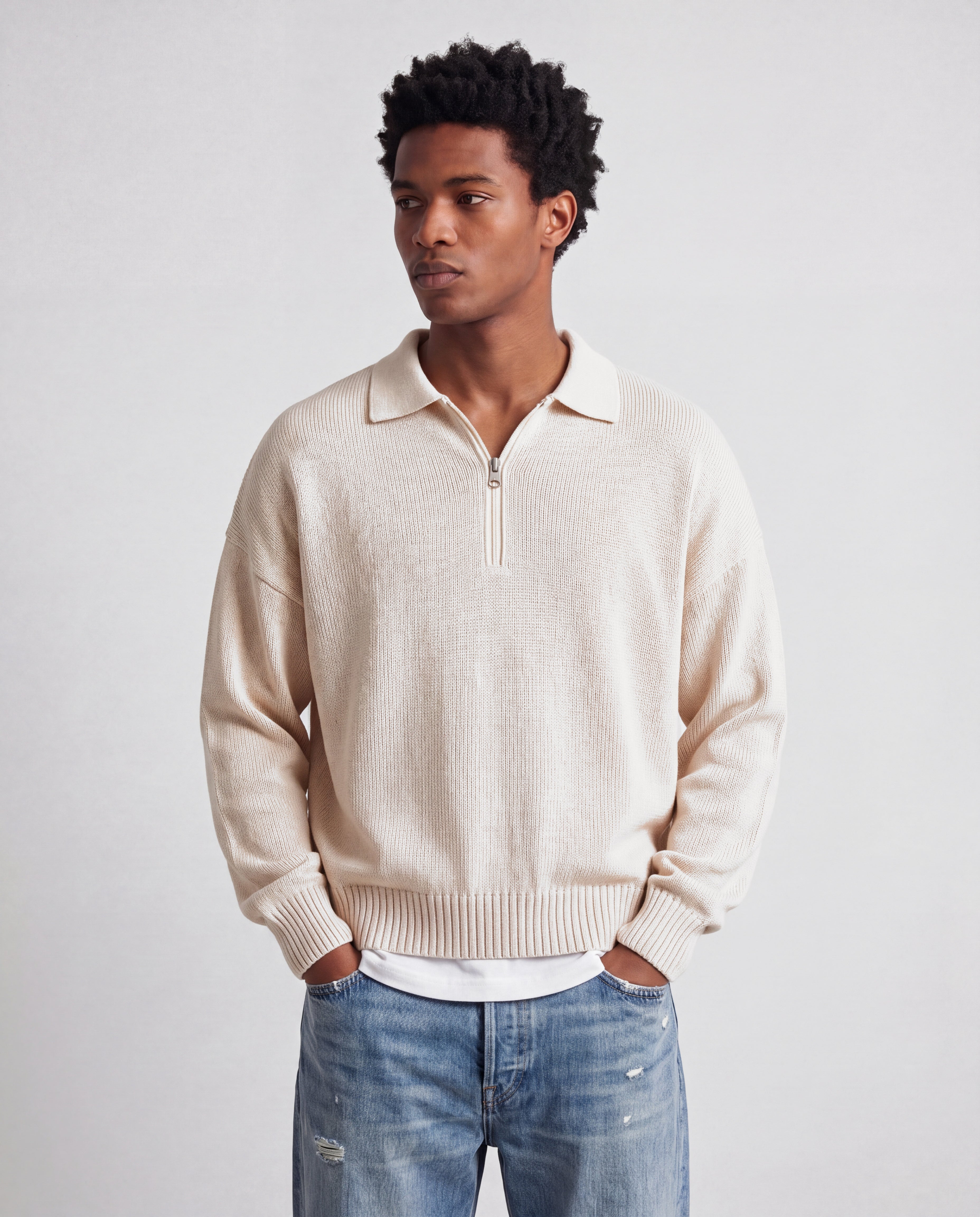 POLO IN MAGLIA ZIP OVERSIZE - PANNA