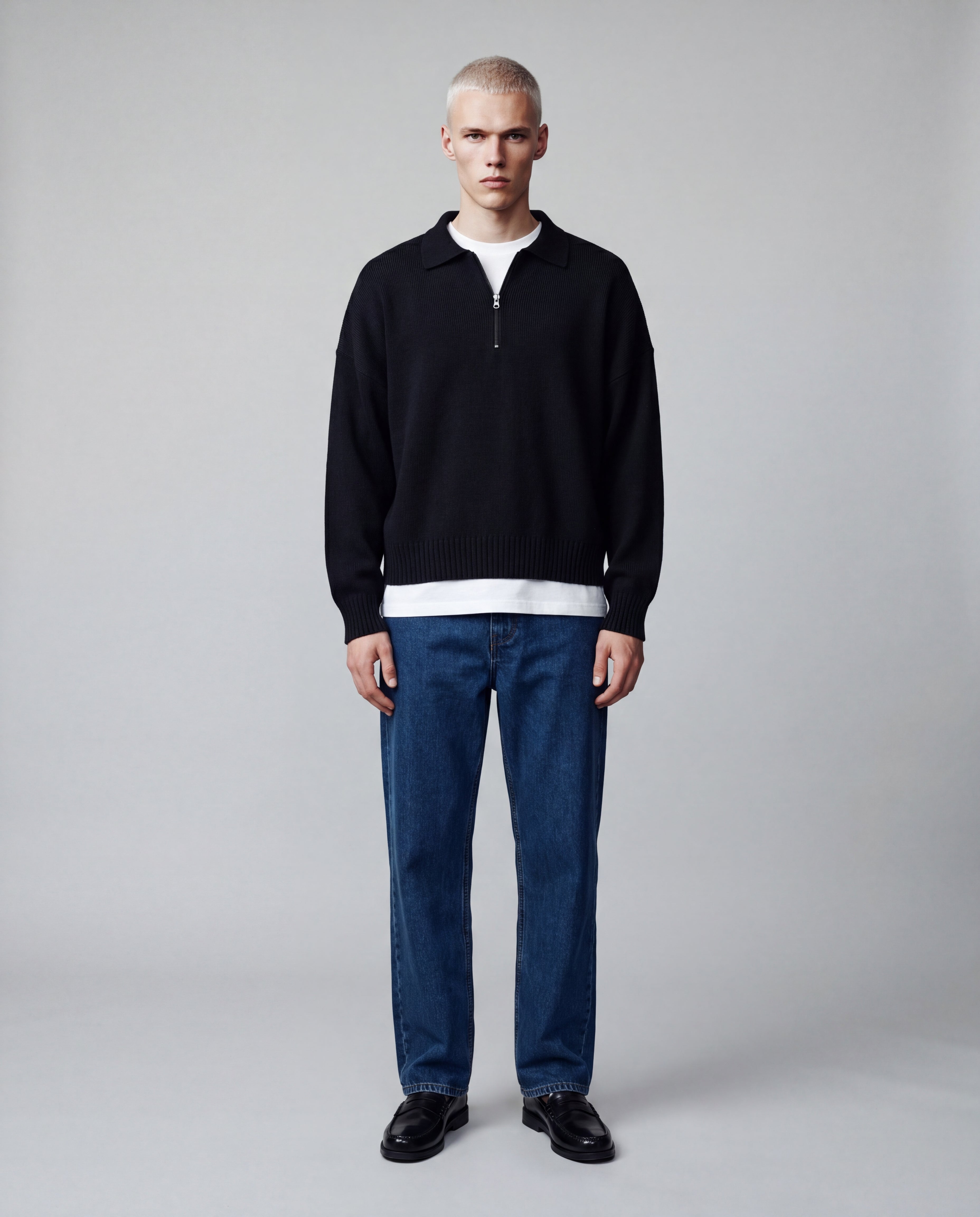 POLO IN MAGLIA ZIP OVERSIZE - NERO