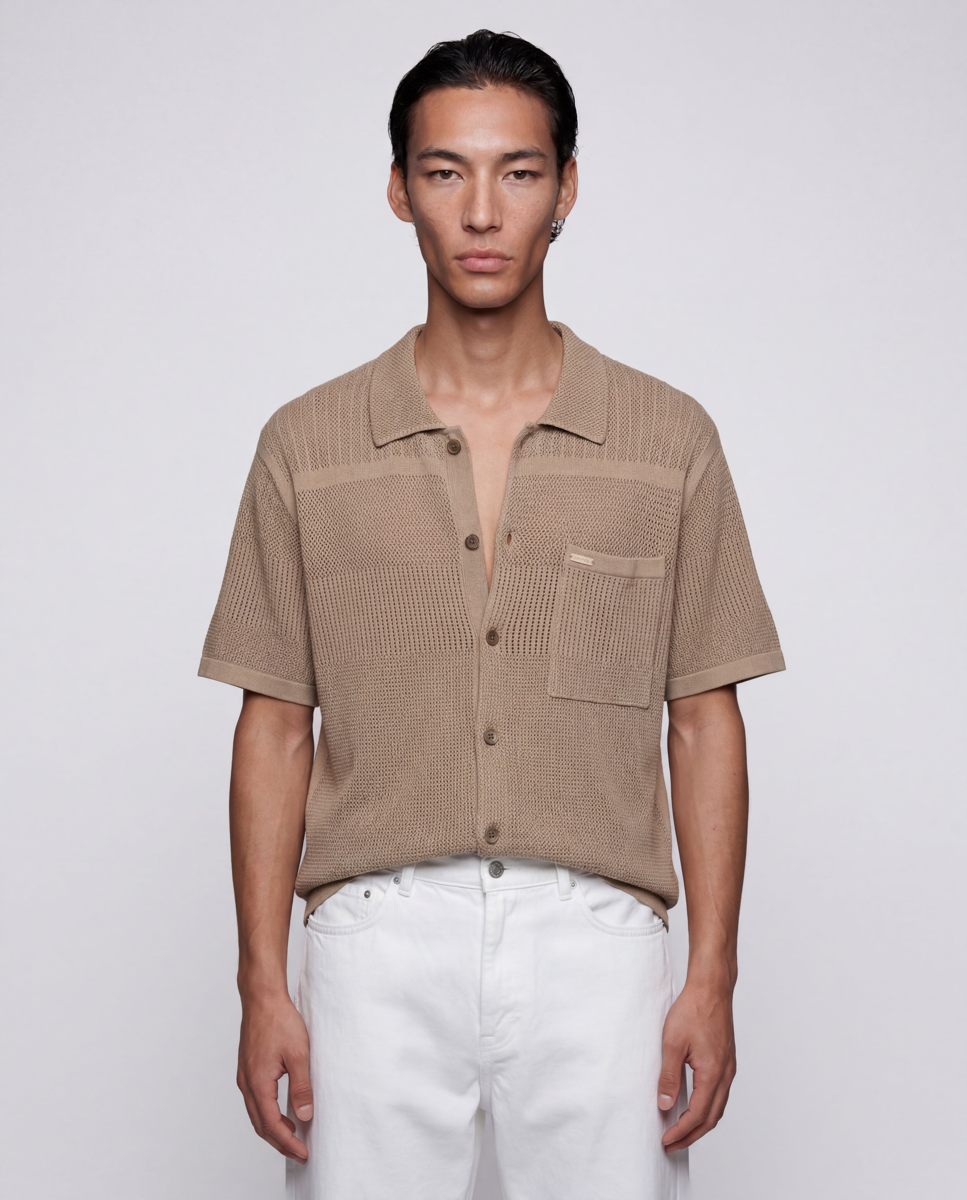 CAMICIA IN MAGLIA TRAFORATA - CAMEL