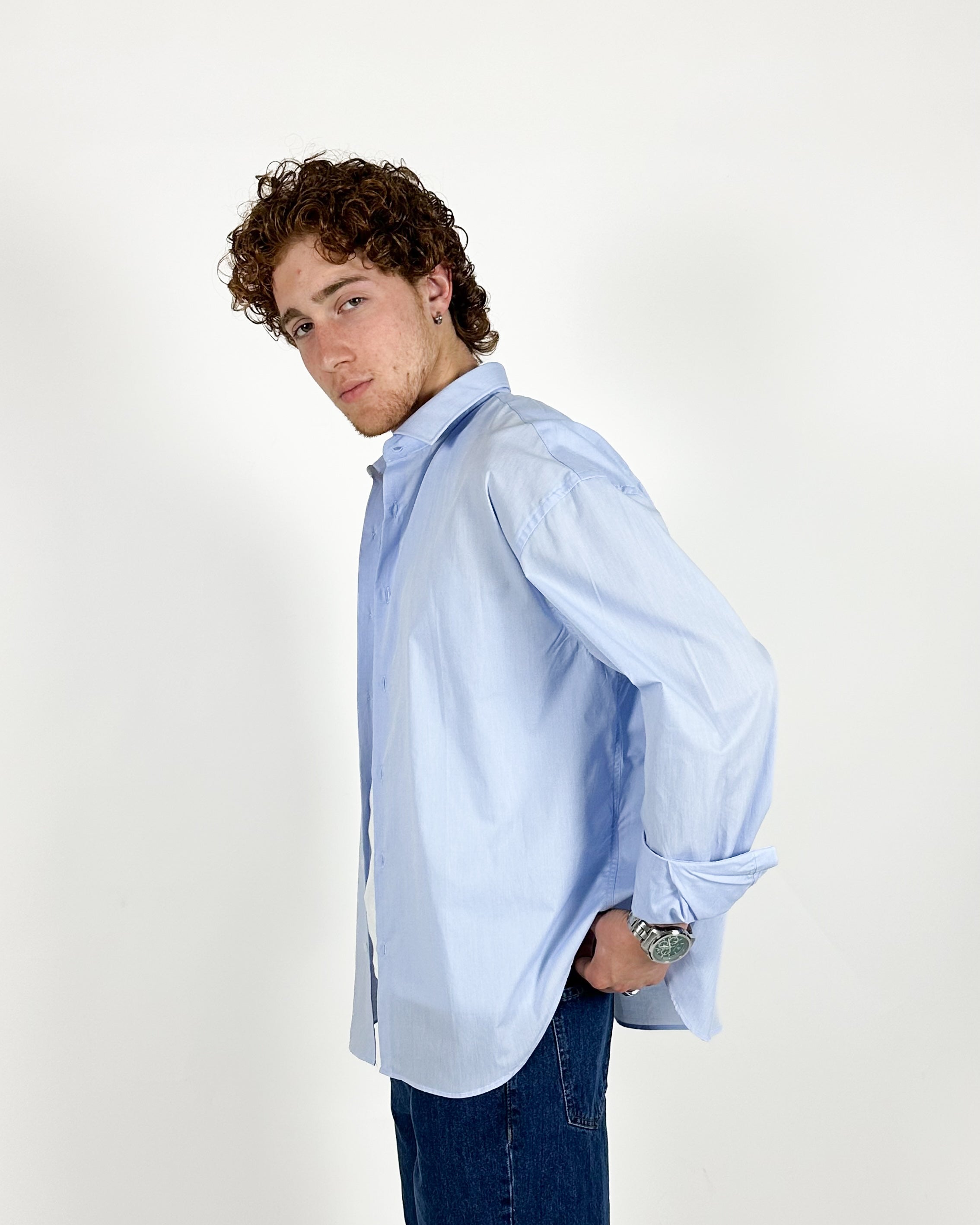 CAMICIA OVERSIZE FONDO TONDO - CELESTE